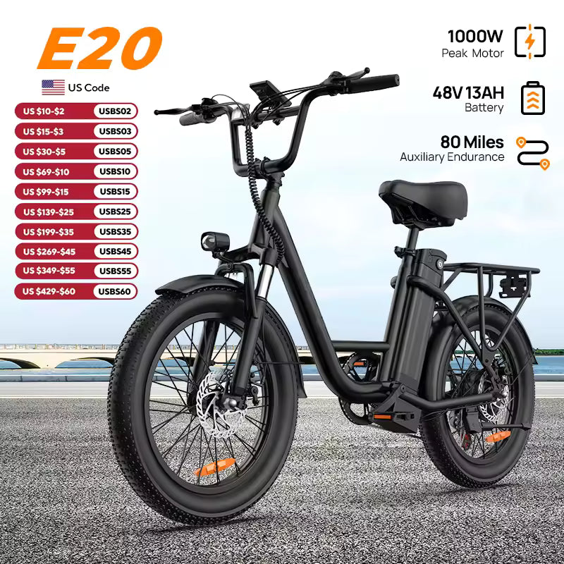 Bicicleta eléctrica E20 de 1000 W | Batería extraíble de 48 V y 13 Ah, 32 km/h, neumáticos anchos de 50 x 7,6 cm, 7 velocidades y freno de disco doble