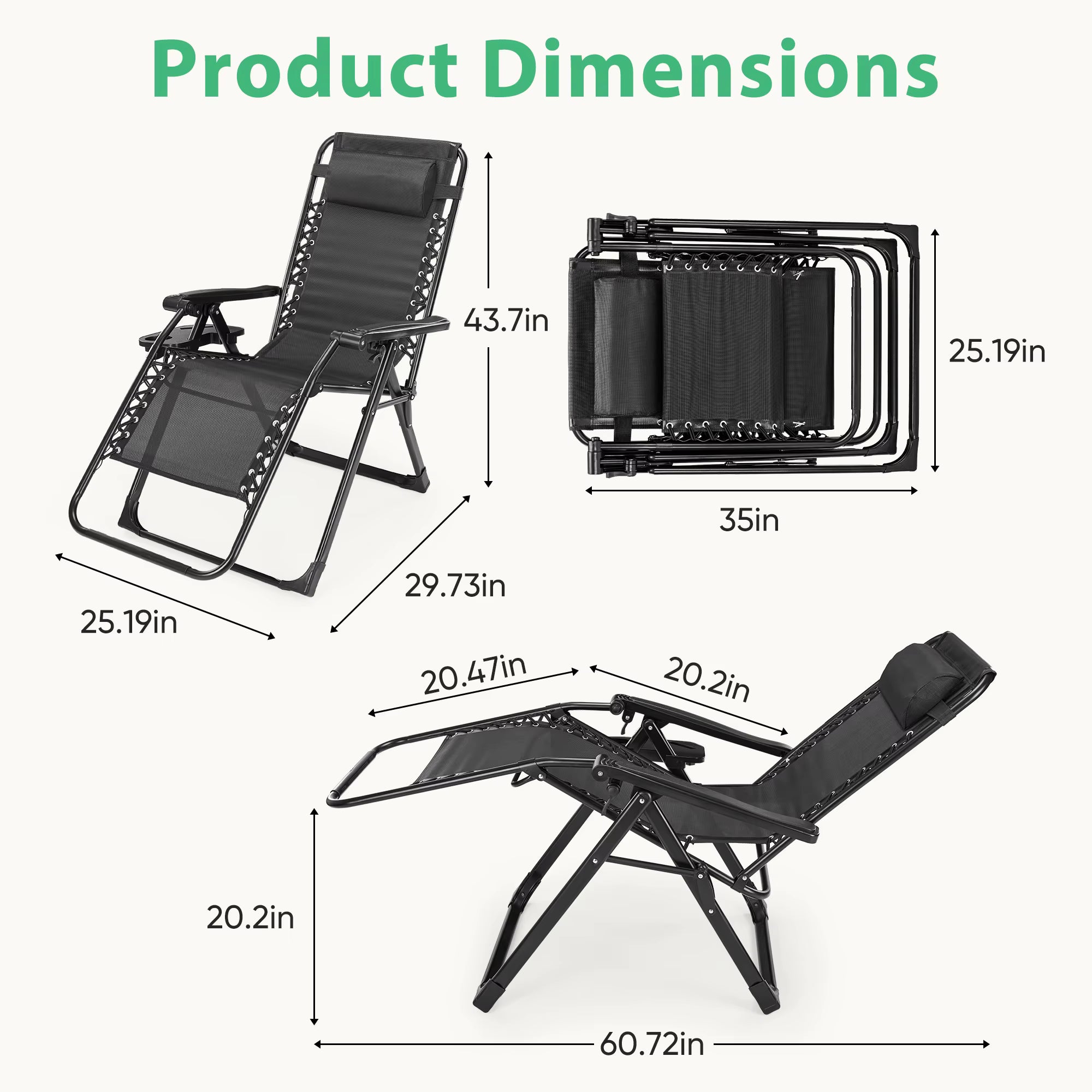 JHK Zero Gravity - Juego de 2 sillones reclinables portátiles para acampar, patio, jardín al aire libre, con bandejas portavasos y almohada ajustable
