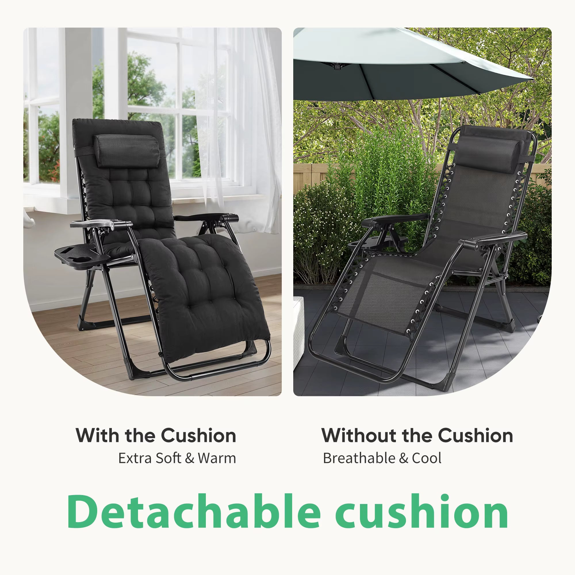 JHK Zero Gravity - Juego de 2 sillones reclinables portátiles para acampar, patio, jardín al aire libre, con bandejas portavasos y almohada ajustable